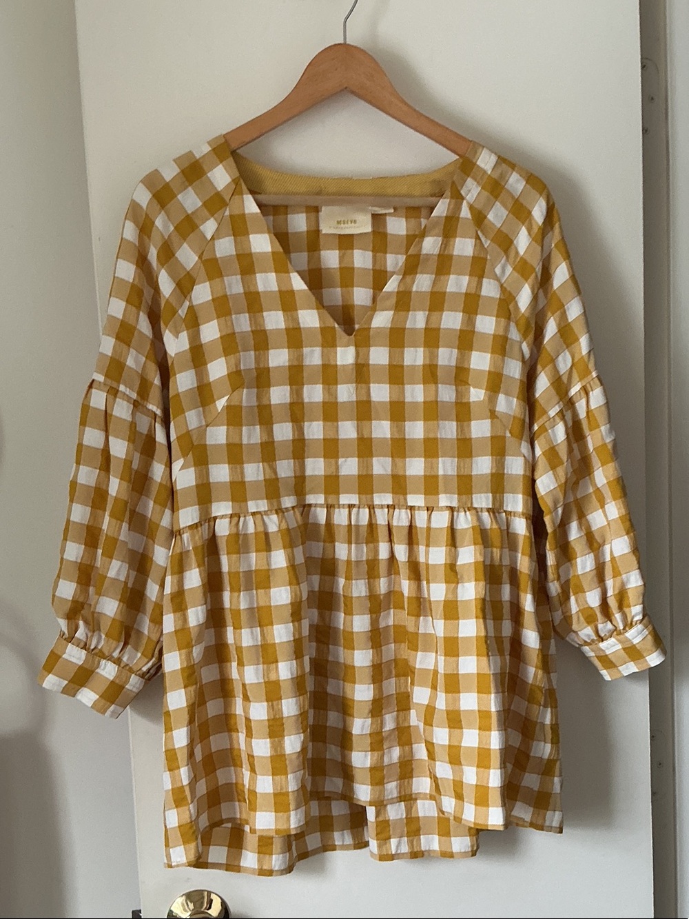 MAEVE FROM ANTHROPOLOGIE Cotton Gingham V-Neck Peplum Top - Yellow & White